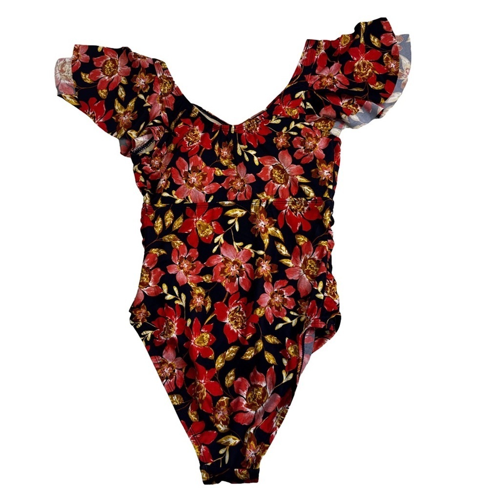 D&Co Beach Floral One-Piece Swimsuit  Size 2 Flutter Sleeve Ruched Bodice NWT - Picture 4 of 12